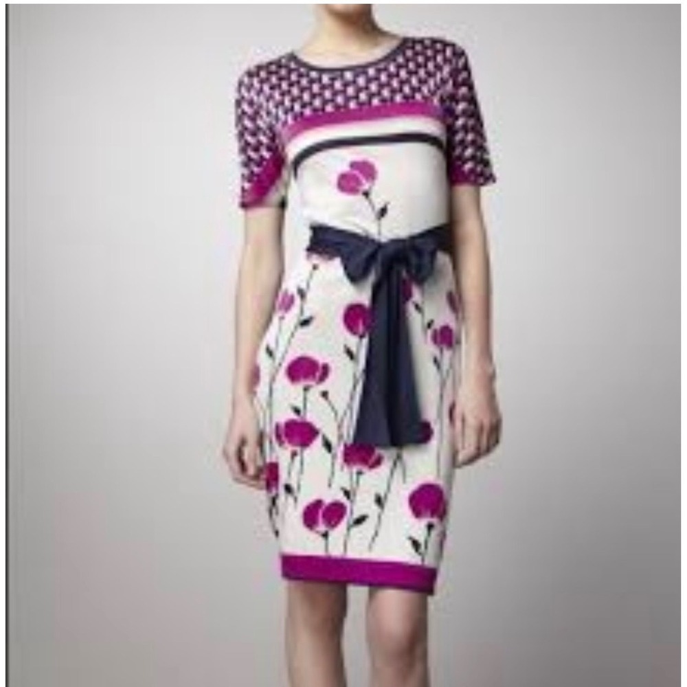 $598 TORY BURCH Silk Jersey Floral Geometric T-Logo Sheath Dress Large Magenta